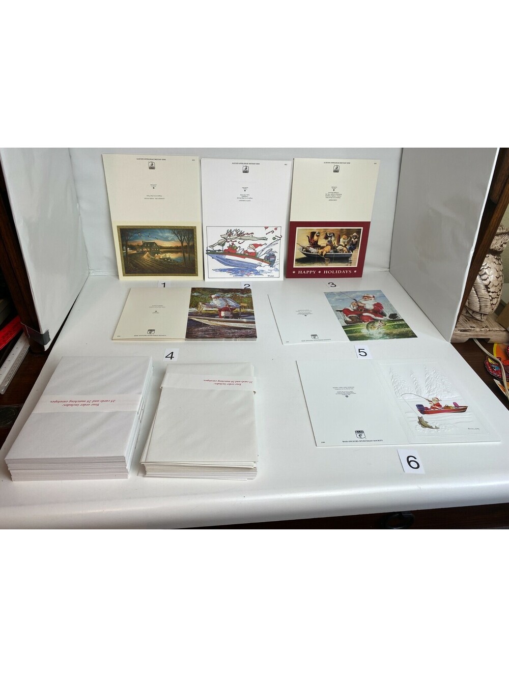 Vintage Fishing Christmas Card Lot with Envelopes Bass Cats Boat Cabin Lake